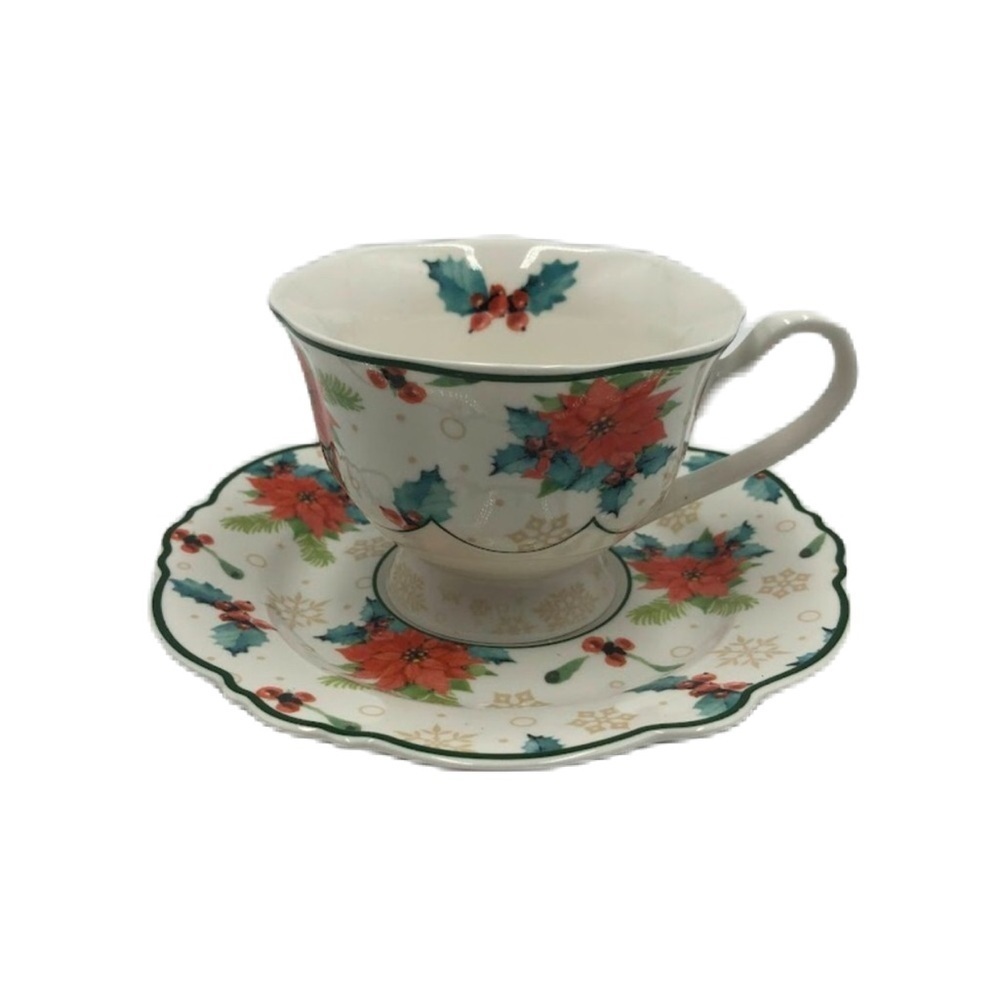 Eileen's Reserve New Anchor Inc Tea Cup and Saucer Set Poinsettia Floral Design